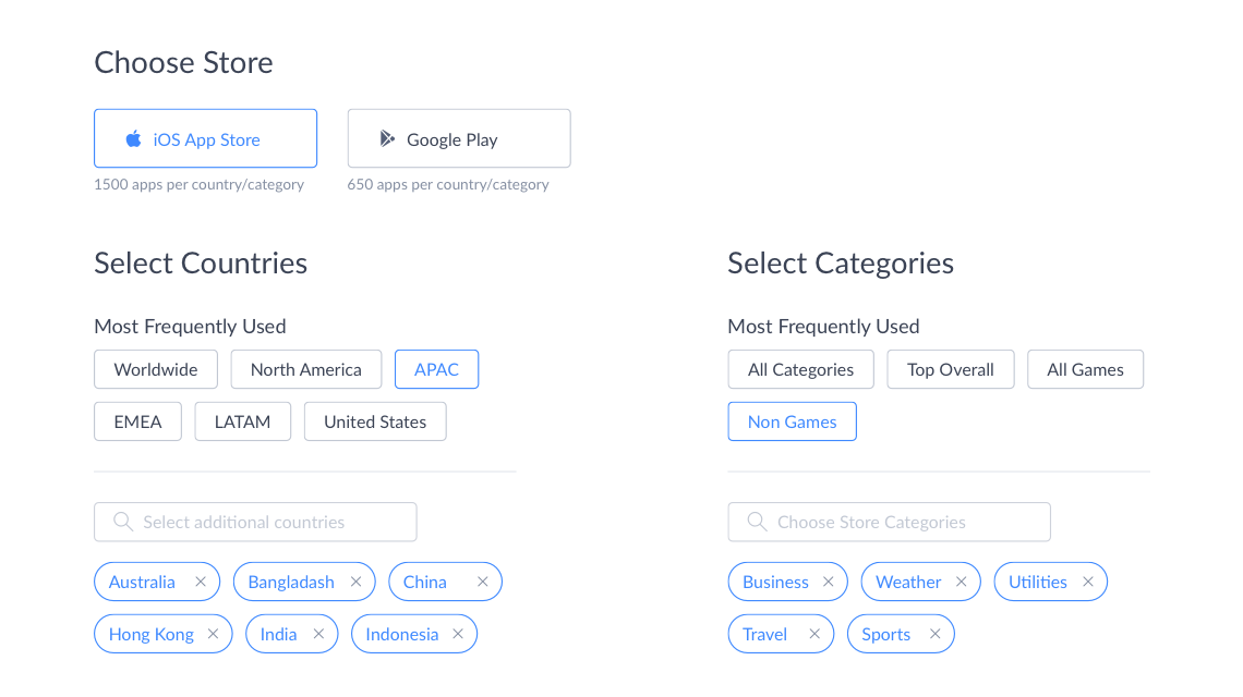 Define scope in Report Builder to narrow down which app store to target, countries and regions, and categories you care about